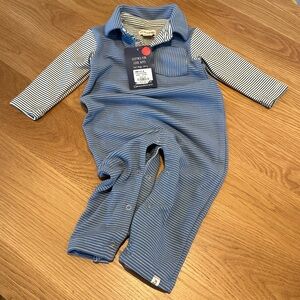 Me & Henry Blue Striped Baby One-Piece Romper with Collar NWT
